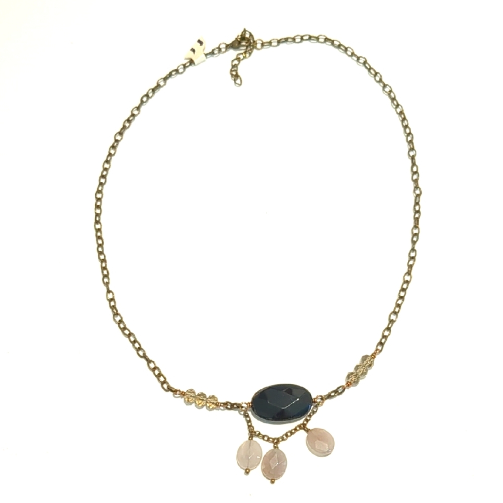🟣Boho Burnished Gold Tone Chain Necklace with Black + grey glass stones NWT